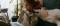 Das Bild zeigt eine Frau, die an einem Laptop arbeitet, im Hintergrund ist ein Hund zu sehen.